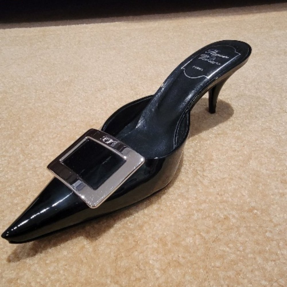 ROGE R VIVIER Black Patent Silver buckle Mules US 5.5